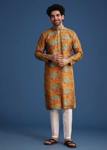 Mustard Yellow Silk Printed Kurta Set