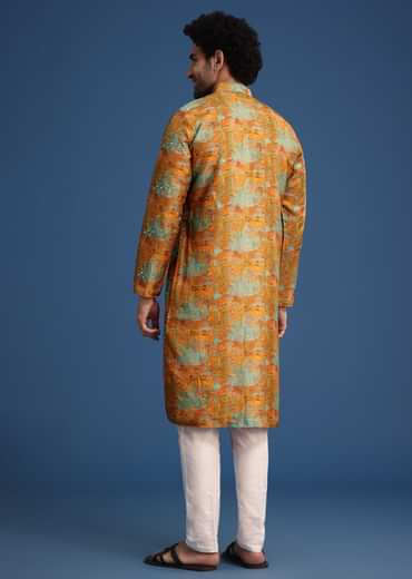 Mustard Yellow Silk Printed Kurta Set