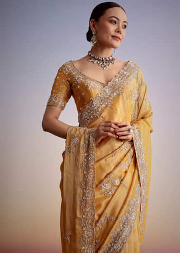 Mustard Yellow Silk Saree With Heavily Embroidered Pallu And Border