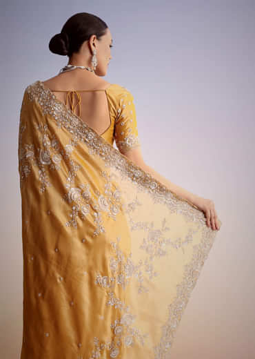 Mustard Yellow Silk Saree With Heavily Embroidered Pallu And Border