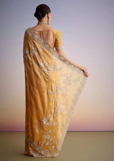 Mustard Yellow Silk Saree With Heavily Embroidered Pallu And Border