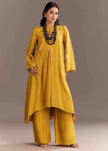 Mustard Yellow Solid Kurta Palazzo Set With Wooden Bib Neckpiece