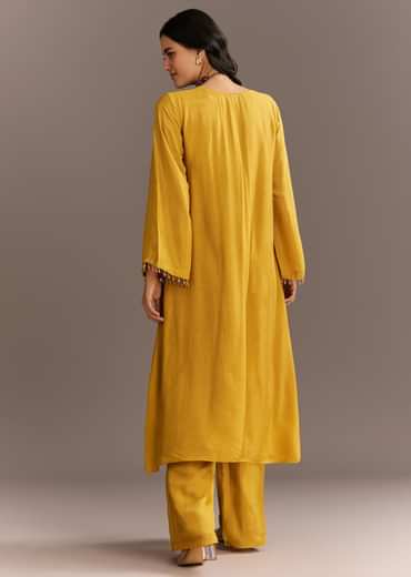 Mustard Yellow Solid Kurta Palazzo Set With Wooden Bib Neckpiece