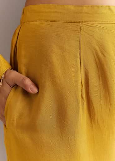 Mustard Yellow Solid Kurta Palazzo Set With Wooden Bib Neckpiece