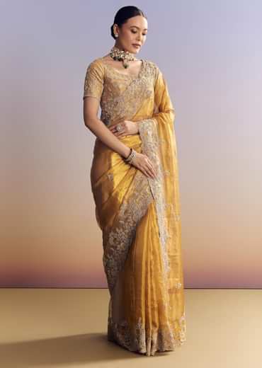 Mustard Yellow Tissue Saree With Golden Zardosi Embroidery