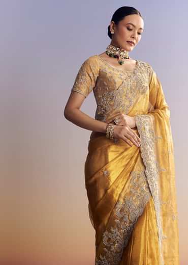 Mustard Yellow Tissue Saree With Golden Zardosi Embroidery