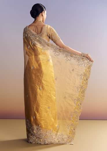 Mustard Yellow Tissue Saree With Golden Zardosi Embroidery