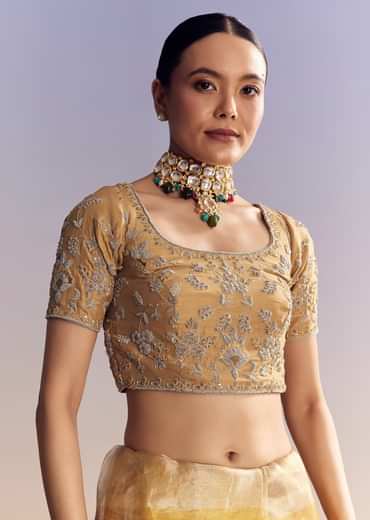 Mustard Yellow Tissue Saree With Golden Zardosi Embroidery