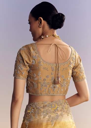 Mustard Yellow Tissue Saree With Golden Zardosi Embroidery