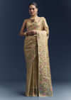 Mustard Yellow Tissue Silk Saree With Floral Resham Embroidery
