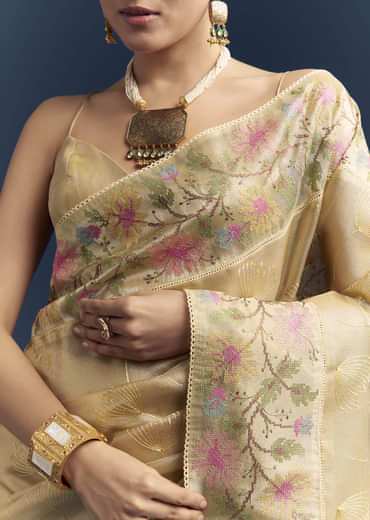 Mustard Yellow Tissue Silk Saree With Floral Resham Embroidery