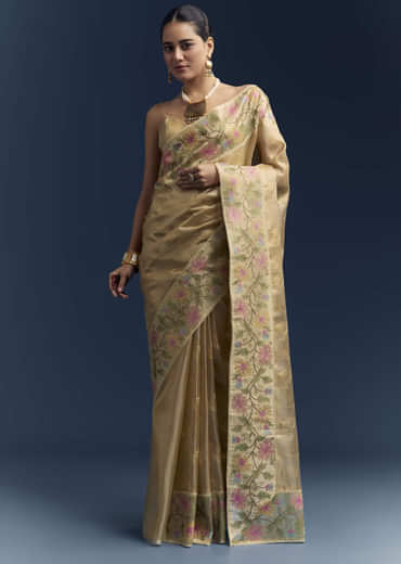 Mustard Yellow Tissue Silk Saree With Floral Resham Embroidery