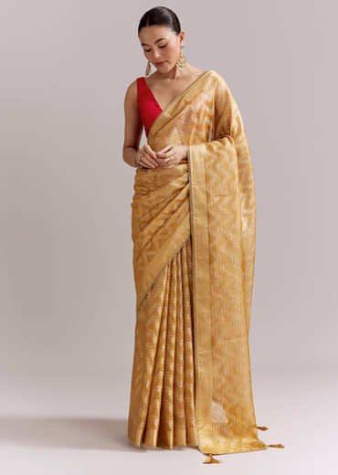 Mustard Yellow Tissue Woven Saree With Gold Tone And Zari Border