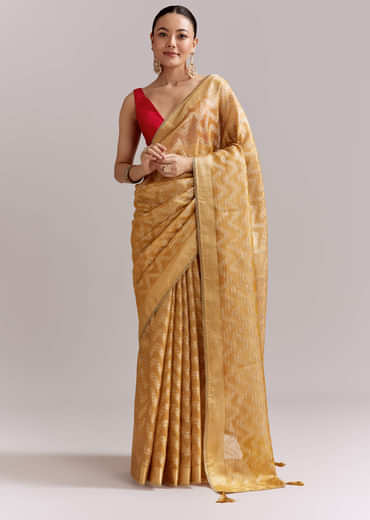 Mustard Yellow Tissue Woven Saree With Gold Tone And Zari Border