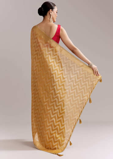 Mustard Yellow Tissue Woven Saree With Gold Tone And Zari Border