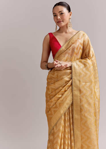 Mustard Yellow Tissue Woven Saree With Gold Tone And Zari Border