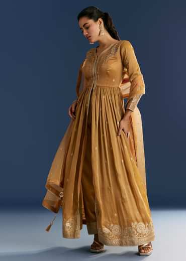 Mustard Yellow Zardosi Embroidered Anarkali Dupatta Set