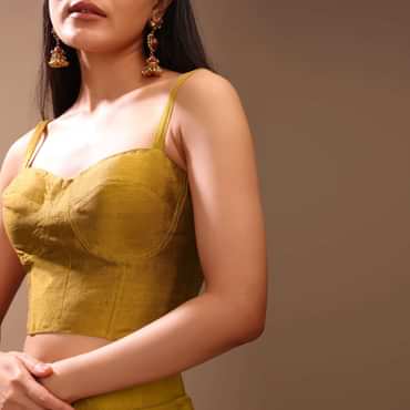 Mustard Gold Corset Top In Raw Silk With Strap Sleeves And Boning Detailing
