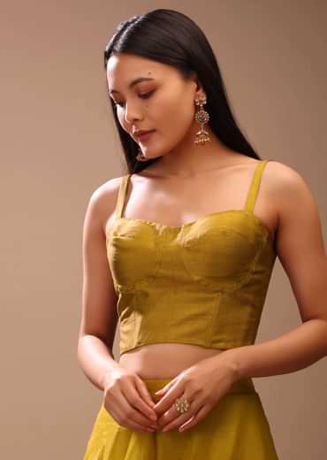 Mustard Gold Corset Top In Raw Silk With Strap Sleeves And Boning Detailing