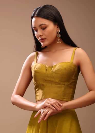 Mustard Gold Corset Top In Raw Silk With Strap Sleeves And Boning Detailing