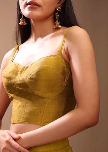 Mustard Gold Corset Top In Raw Silk With Strap Sleeves And Boning Detailing