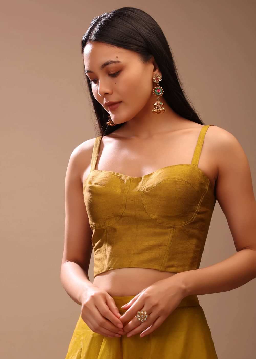 Mustard Gold Corset Top In Raw Silk With Strap Sleeves And Boning Detailing
