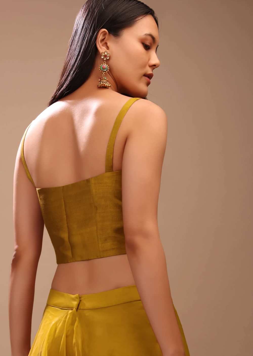 Mustard Gold Corset Top In Raw Silk With Strap Sleeves And Boning Detailing