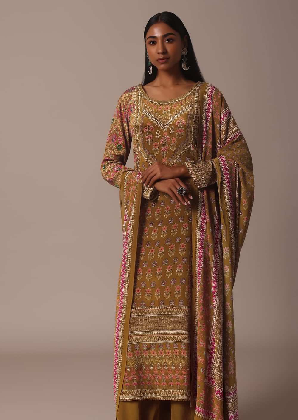 Mustard Printed Palazzo Set In Chiffon With Stone Work Kurta
