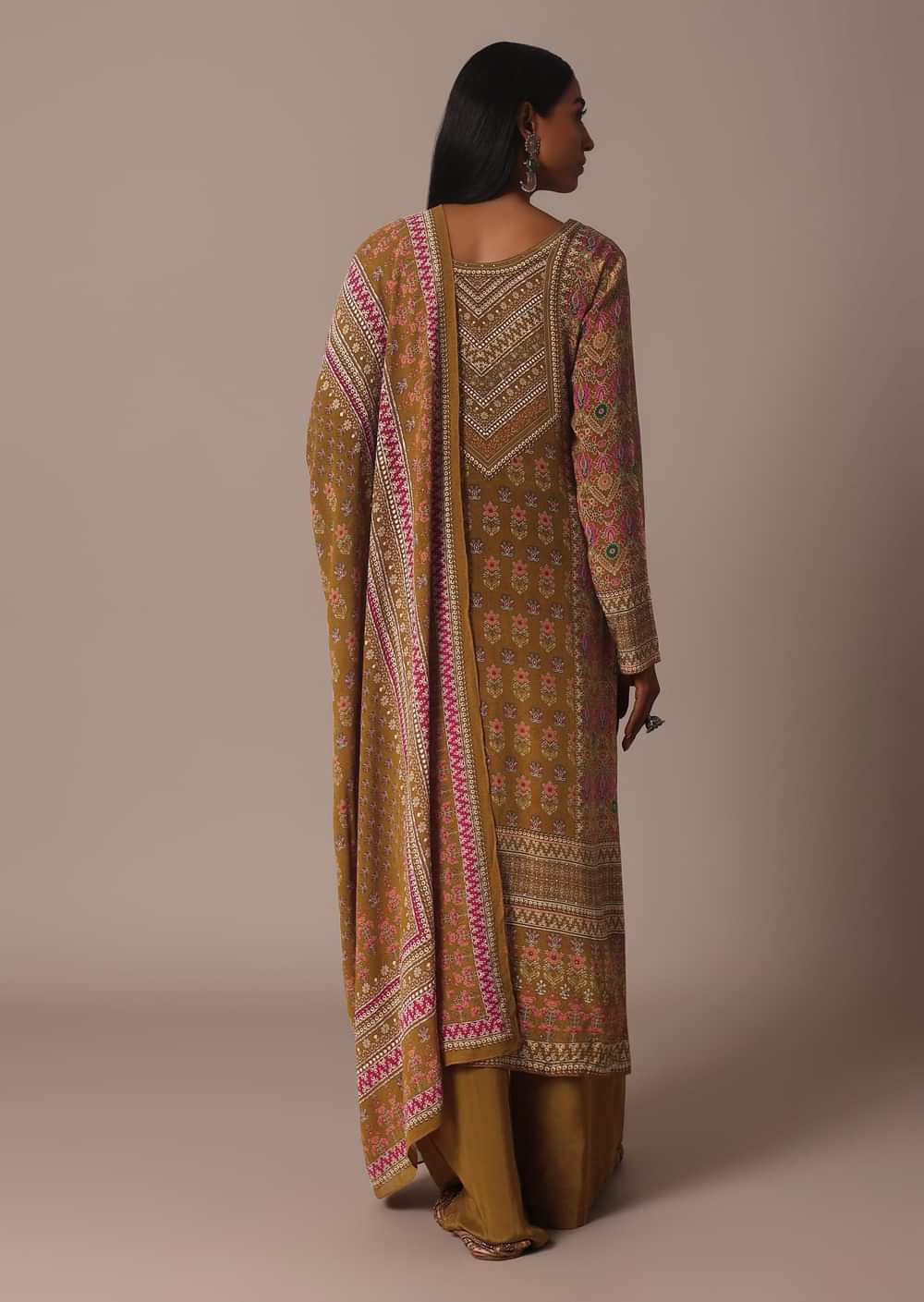 Mustard Printed Palazzo Set In Chiffon With Stone Work Kurta
