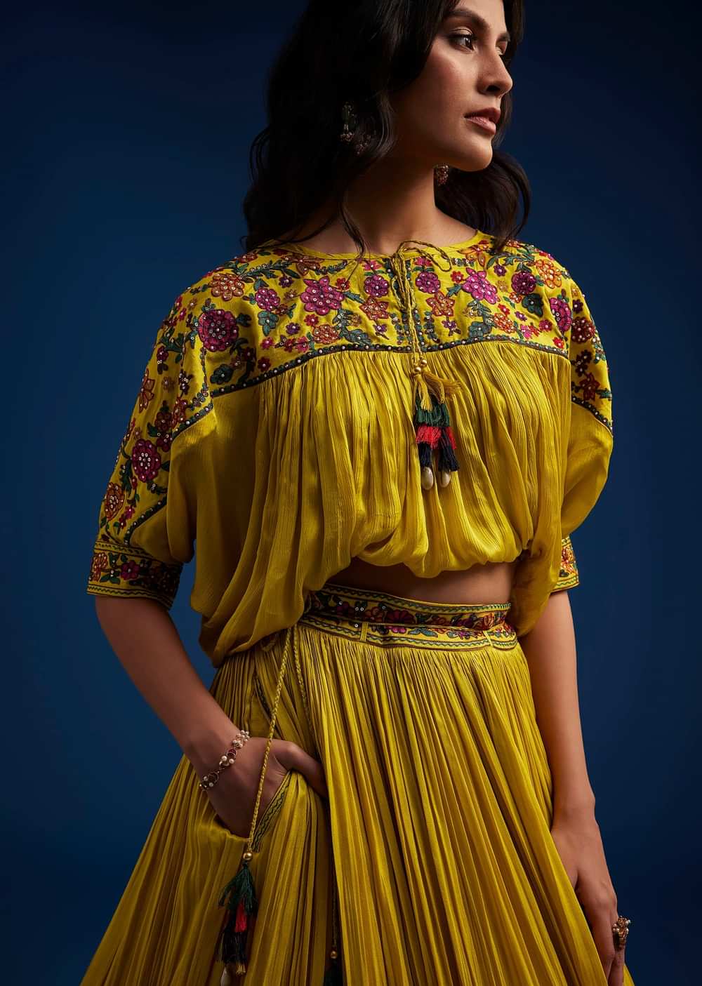 Mustard Silk Blend Crop Top And Skirt With Resham Work