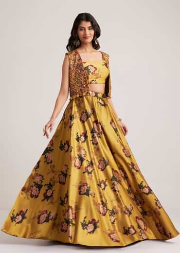 Mustard Silk Floral Skirt Set With Jacket And Mirror Work