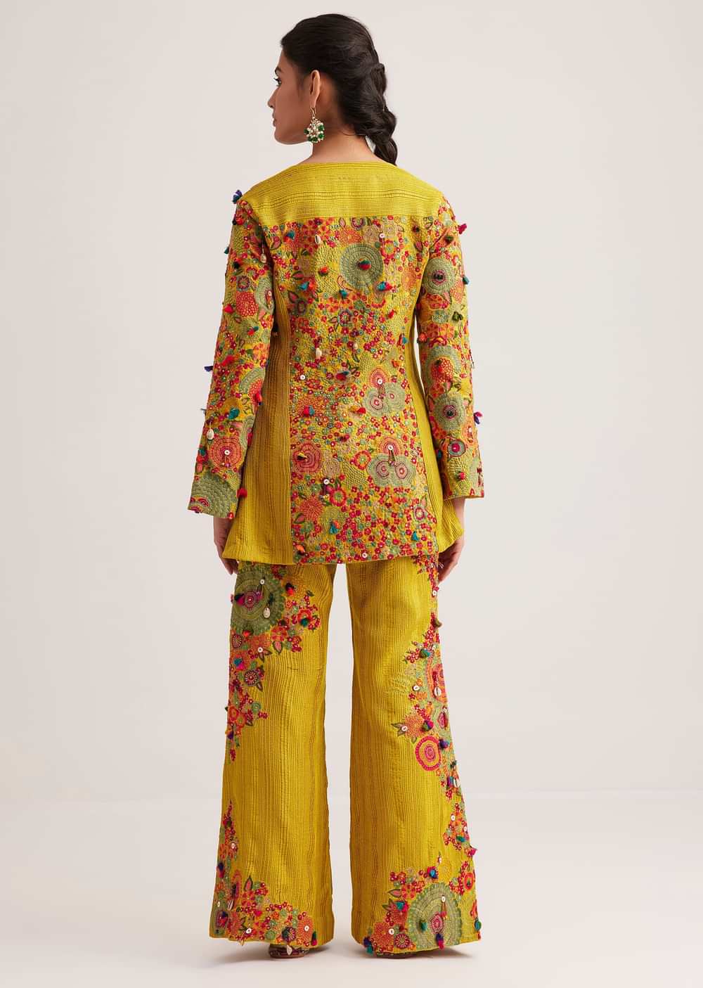 Mustard Silk Kurta Palazzo Set With Resham And Zari Embroidery