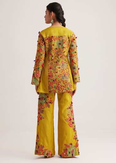 Mustard Silk Kurta Palazzo Set With Resham And Zari Embroidery