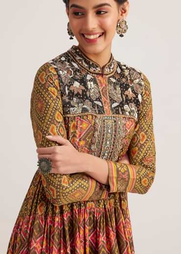 Mustard Silk Kurta With Multicolor Patola Print