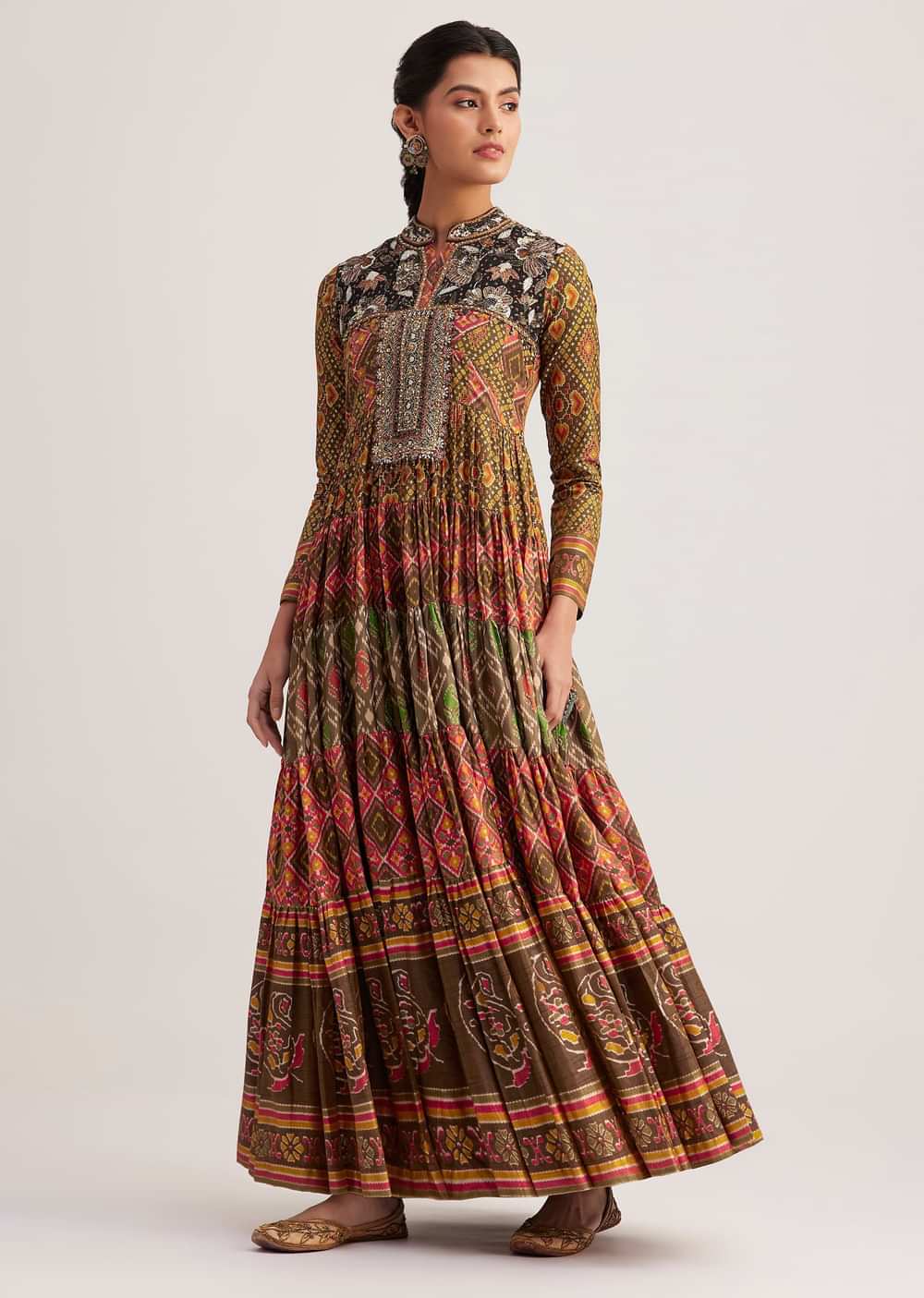 Mustard Silk Kurta With Multicolor Patola Print