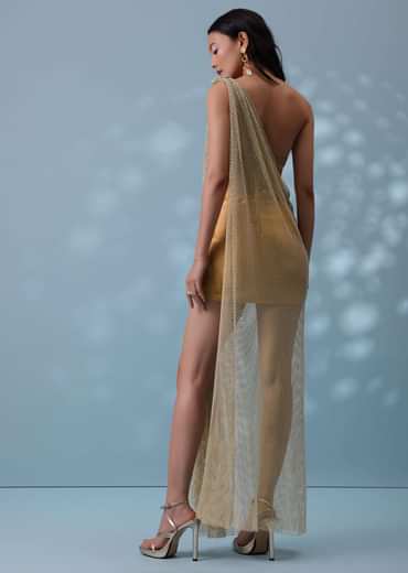 Mustard Yellow Indowestern Skirt And Top Set With Mesh Pleated Drape