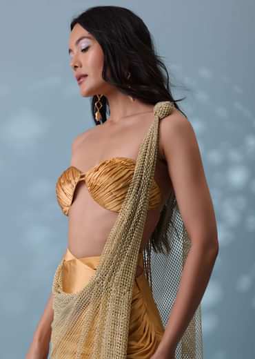 Mustard Yellow Indowestern Skirt And Top Set With Mesh Pleated Drape