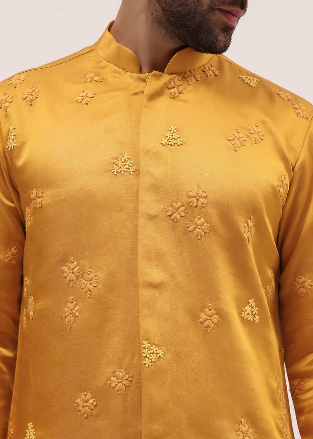 Mustard Yellow Bud Embroidered Silk Kurta Set For Men