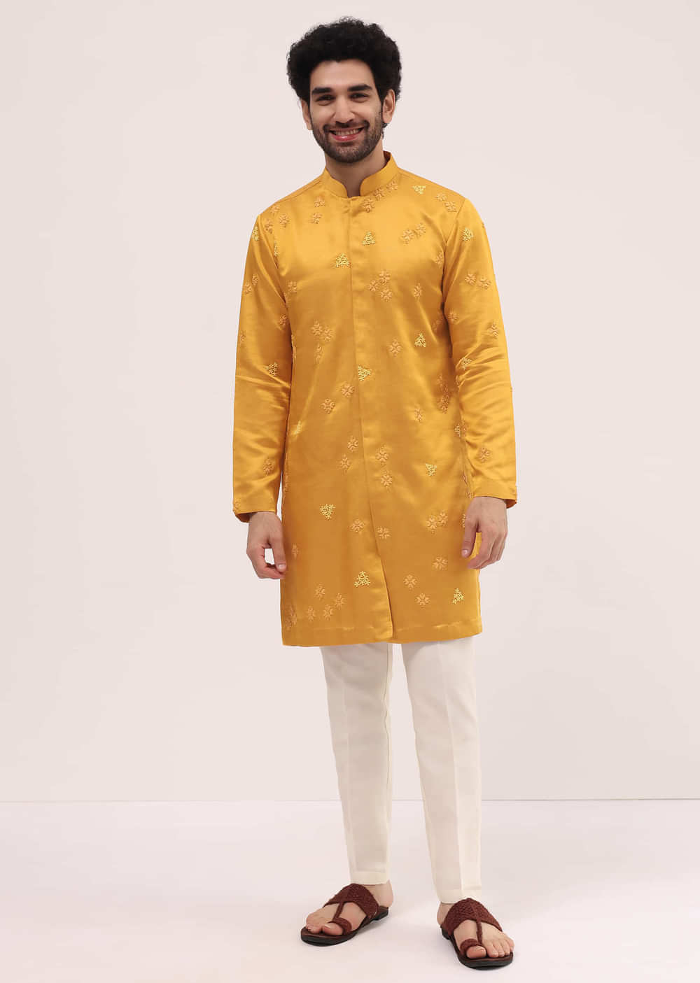 Mustard Yellow Bud Embroidered Silk Kurta Set For Men