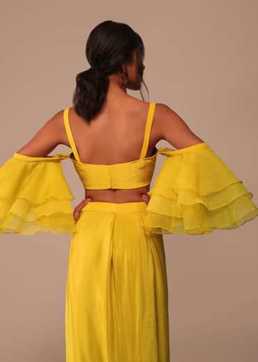 Mustard Yellow Crepe Saree With Ruffle Layered Blouse And Embroidered Belt
