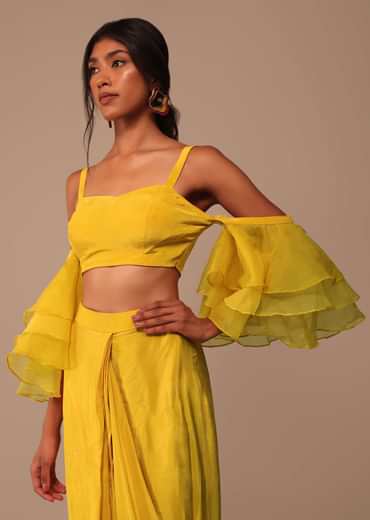 Mustard Yellow Crepe Saree With Ruffle Layered Blouse And Embroidered Belt