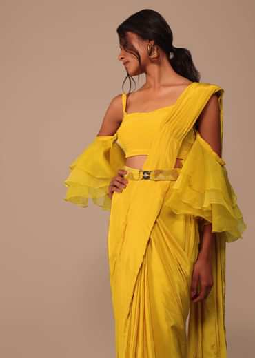Mustard Yellow Crepe Saree With Ruffle Layered Blouse And Embroidered Belt