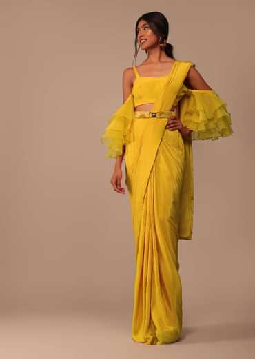 Mustard Yellow Crepe Saree With Ruffle Layered Blouse And Embroidered Belt