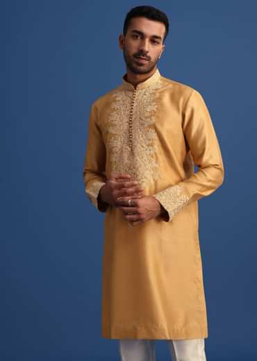 Mustard Yellow Embroidered Kurta Set With Resham Work
