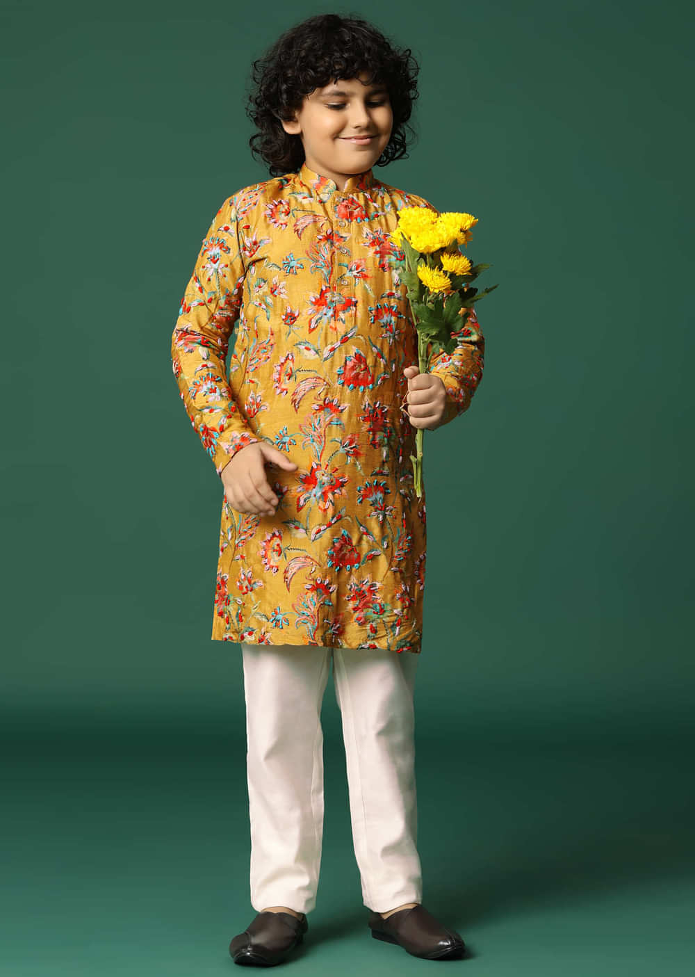 Mustard Yellow Floral Kurta Pant With Resham Work For Boys