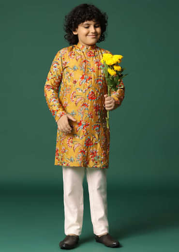 Mustard Yellow Floral Kurta Pant With Resham Work For Boys