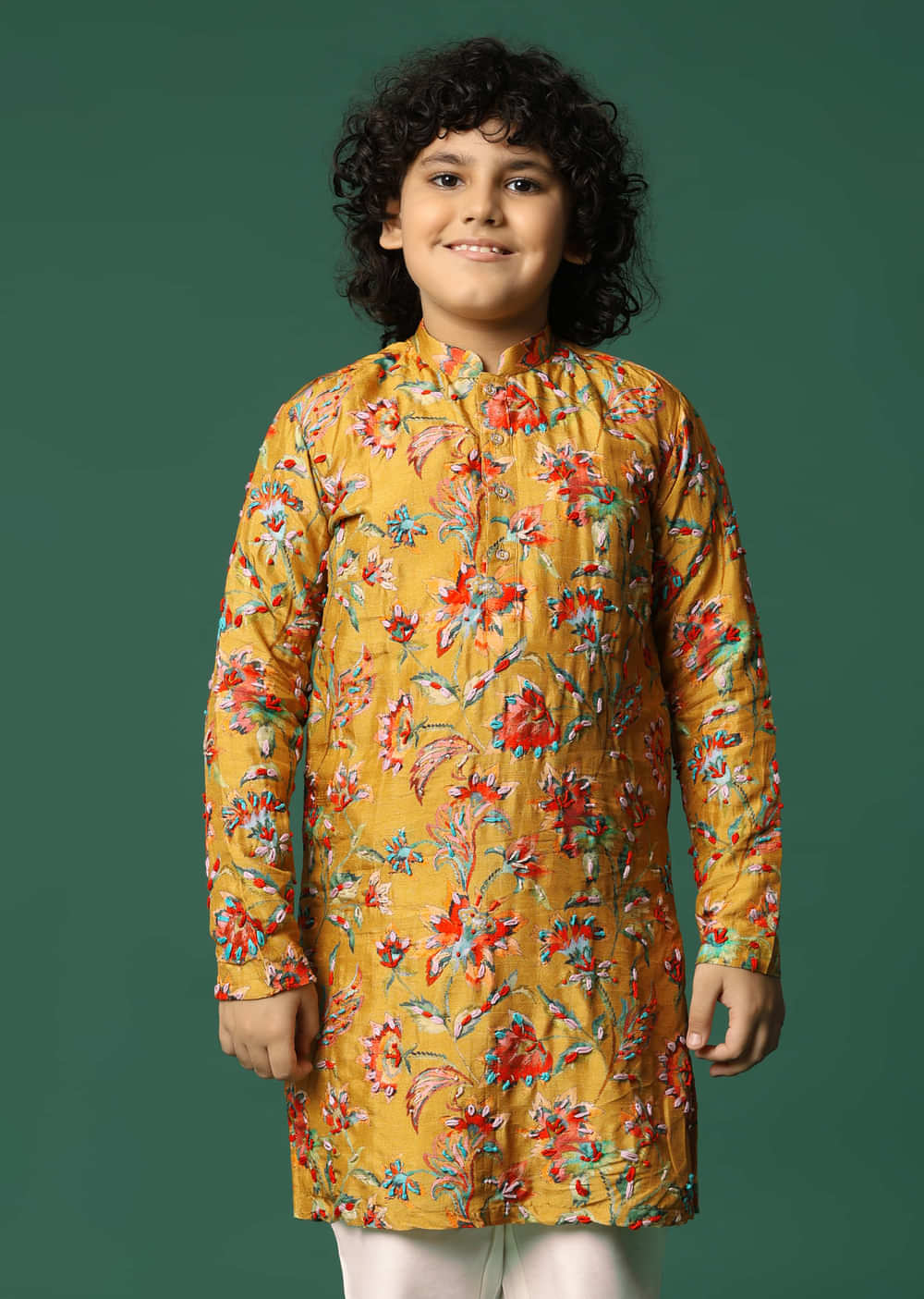 Mustard Yellow Floral Kurta Pant With Resham Work For Boys