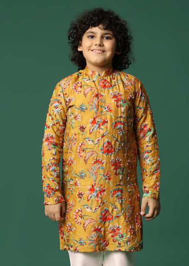 Mustard Yellow Floral Kurta Pant With Resham Work For Boys