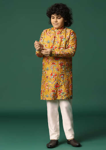 Mustard Yellow Floral Kurta Pant With Resham Work For Boys