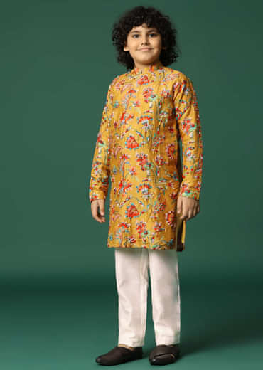 Mustard Yellow Floral Kurta Pant With Resham Work For Boys